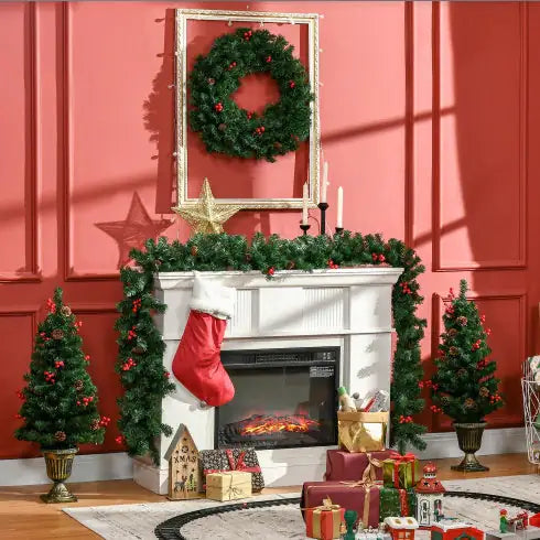 HOMCOM Prelit Holiday Christmas 4-Piece Set, Garland Wreath And Set Of 2 Entrance Trees With Warm White LED Lights, Red Berries, Pine Cones, Green